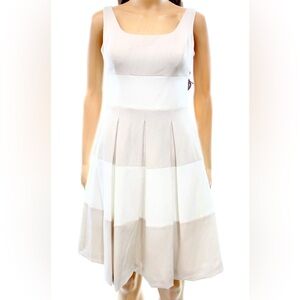 Sleeveless Beige and White Block A-Line Dress